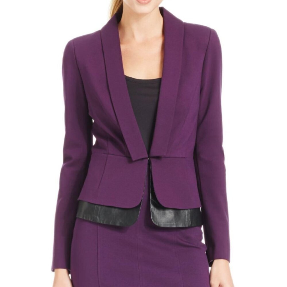 LAUNDRY BY SHELLI SEGAL Faux Leather Trim Peplum Jacket Plum Purple Black Blazer